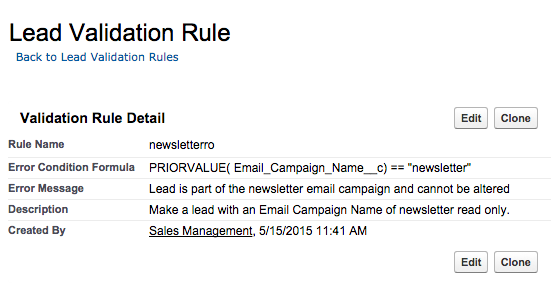 Read only Salesforce lead validation rule